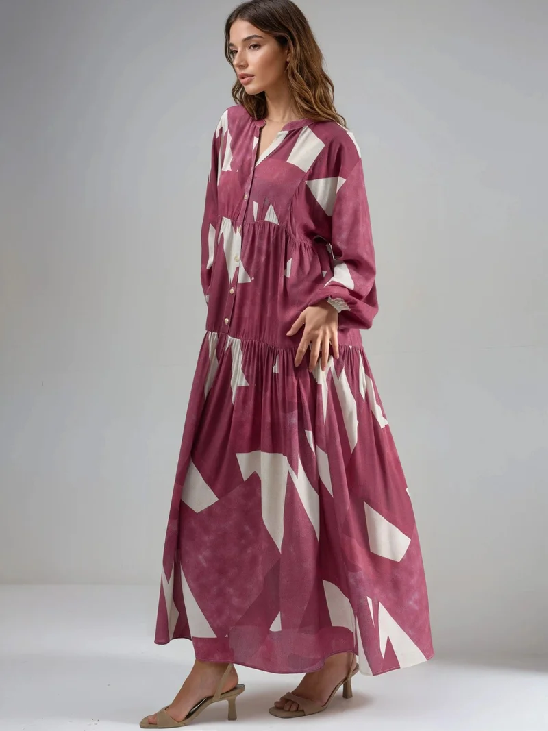 هيكاب فستان ماكسي طويل الأكمام من الفيسكوز مطبوع